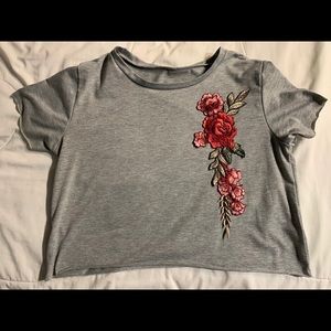 Grey Crop Top With Embroider Flower
